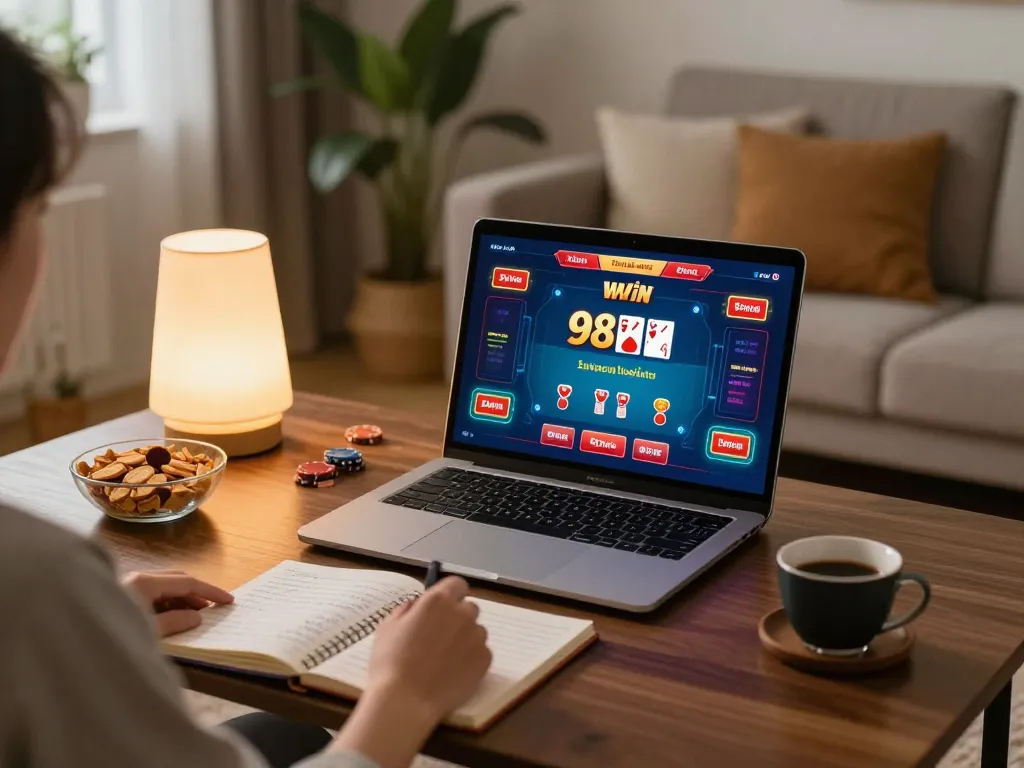 Experience engaging gameplay at 98win's online poker through a cozy home setup.