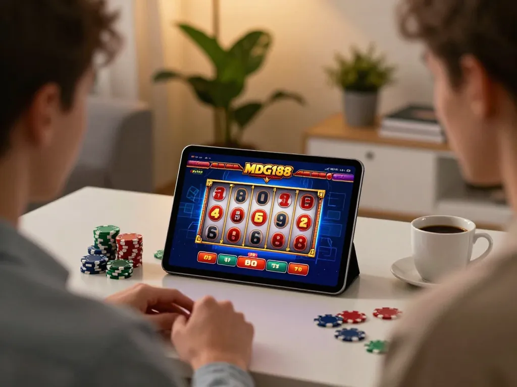 Player spinning the reels on MDG188's casino app, showcasing a vibrant online gambling experience.