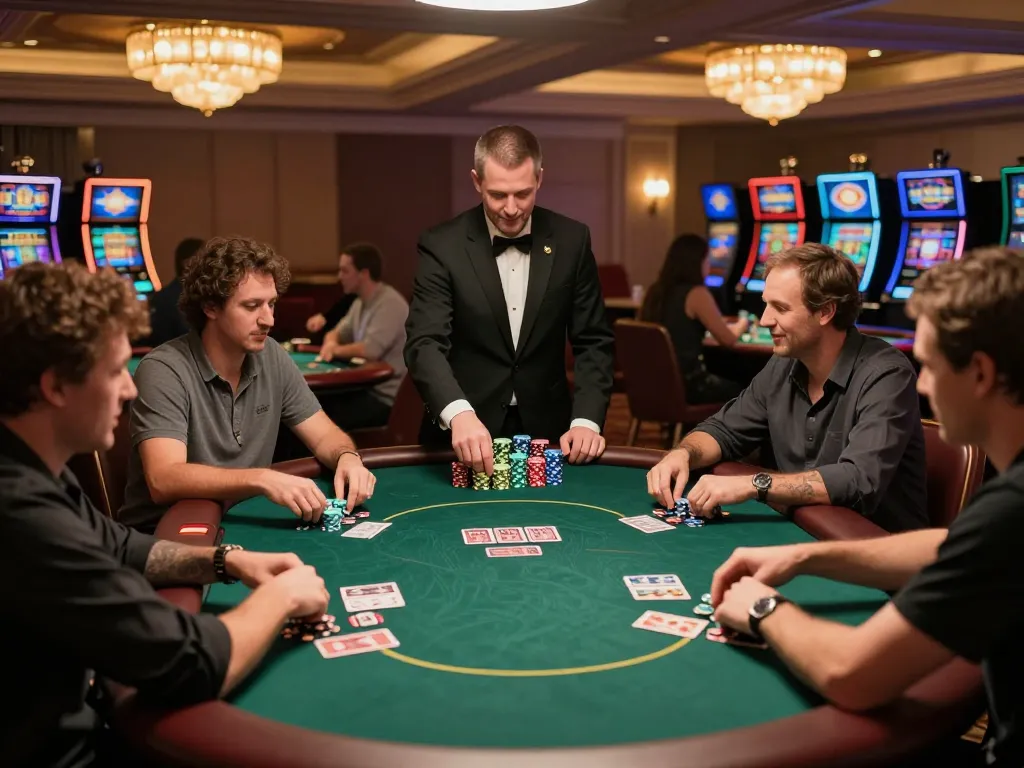 Onbet poker game action scene with players engaged, cards dealt, and vibrant atmosphere.
