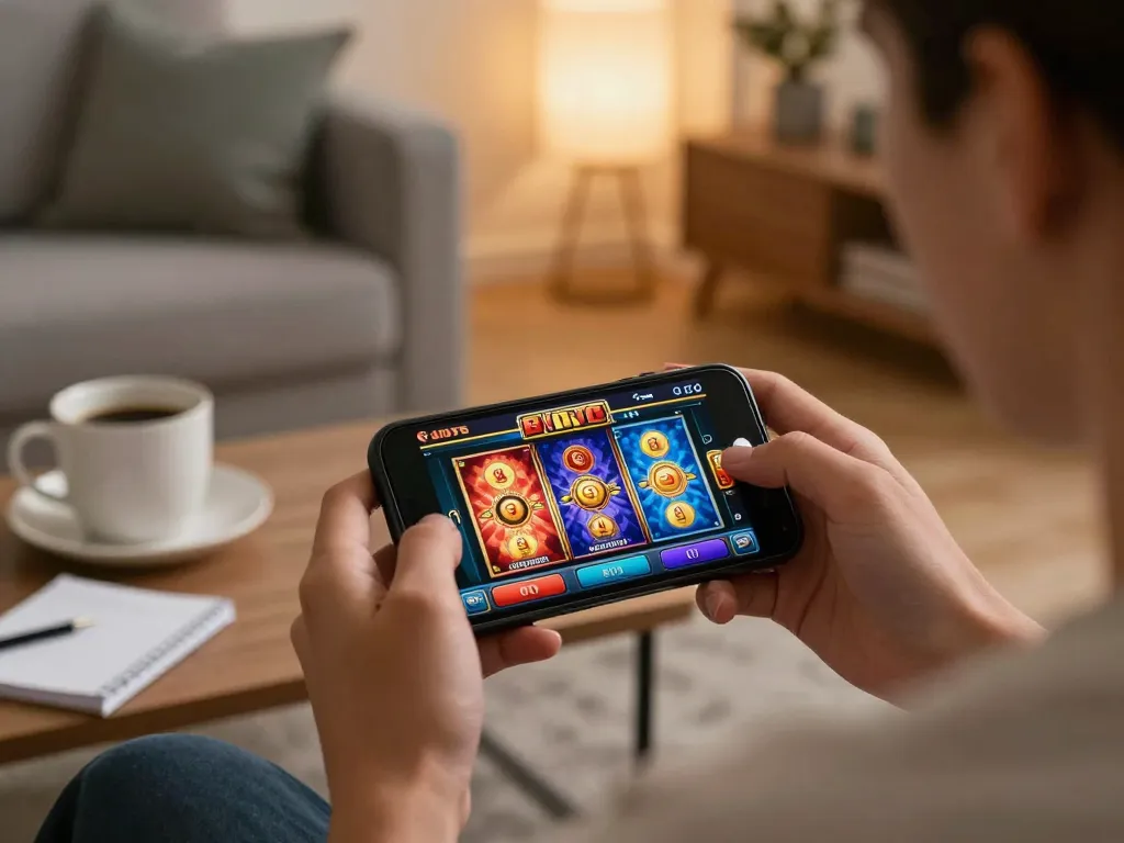 Engaging in situs slot gacor mobile gambling with vibrant games displayed on a smartphone.