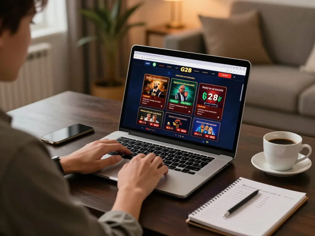 Engaging scene of a player strategizing online casino gameplay with G28, showcasing a modern gaming setup.