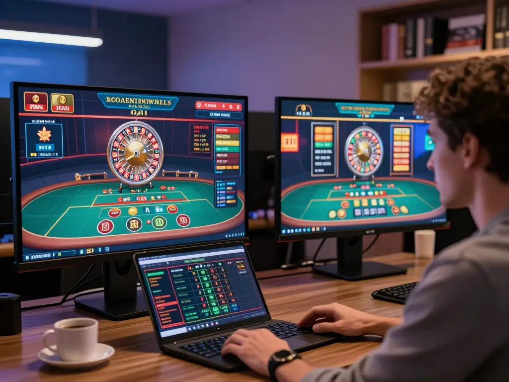 Engaged in online 包网 gaming strategy session with multiple screens displaying casino games