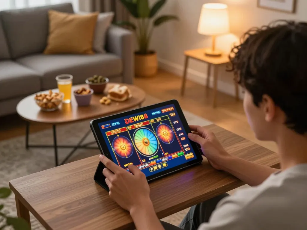 Pemain aktif terlibat dalam permainan slot online DEWI88 di tablet di ruang tamu yang nyaman.