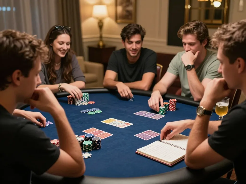 Players engaged in a friendly poker game at home, featuring 98win com strategies in practice.
