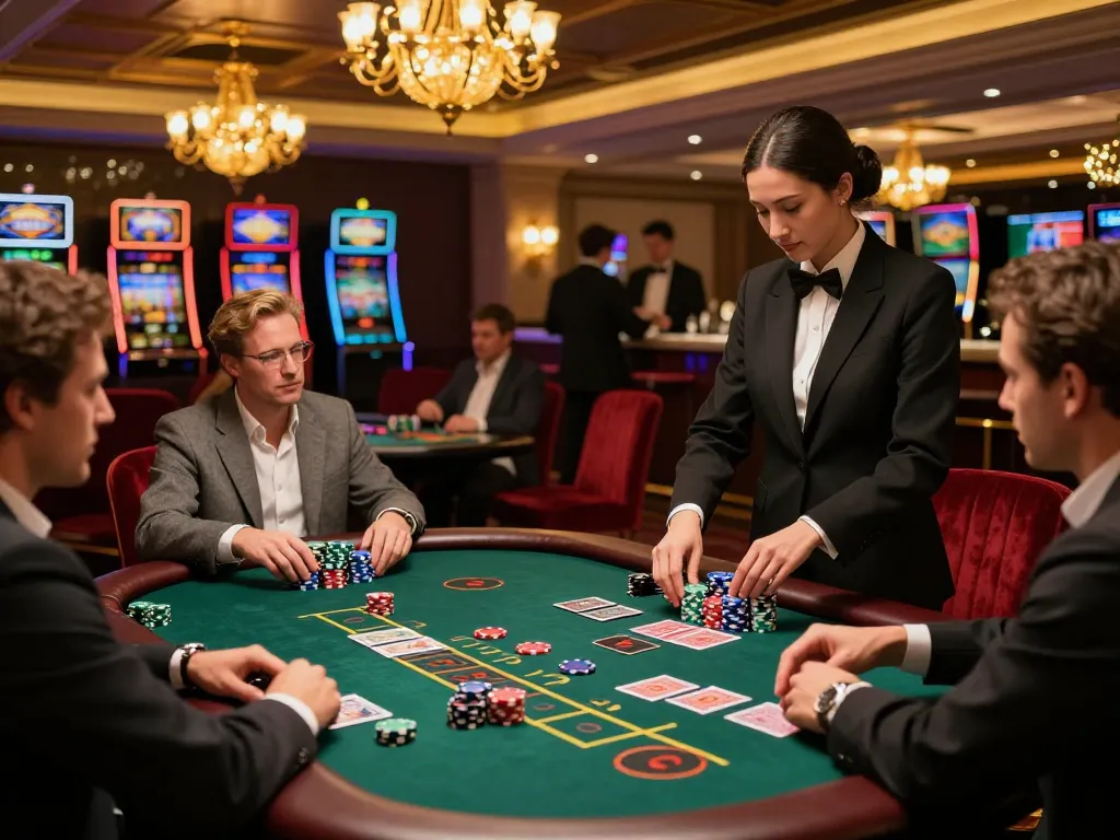 Engaged players at blackjack table in a luxurious casino setting, experiencing vk88 gaming excitement.