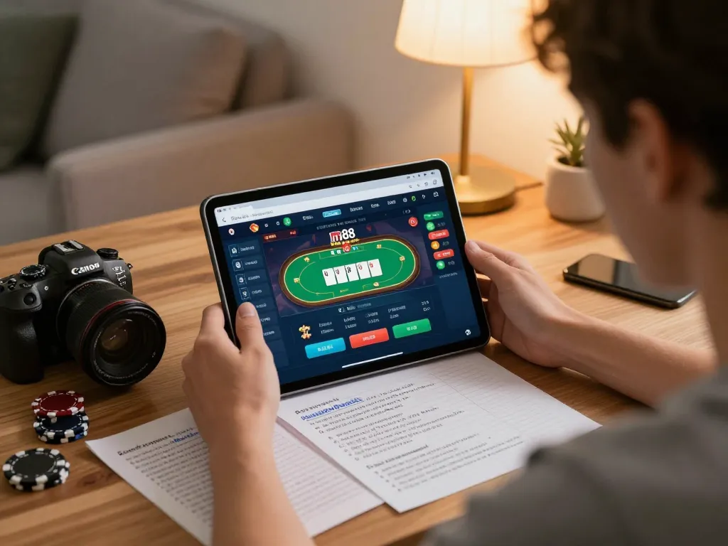 Giao diện liên kết M88 hiển thị trên máy tính bảng trong một trò chơi poker tại nhà, nhấn mạnh vào lối chơi chiến lược.