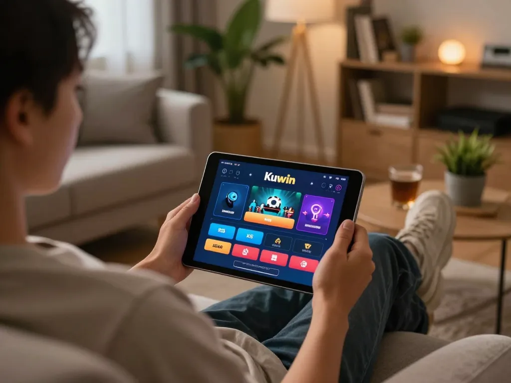 Kuwin app gaming on tablet in a cozy home setting.