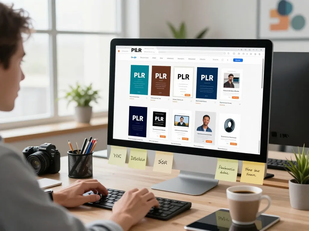 Buy PLR Products Online in a modern workspace with entrepreneur analyzing digital assets