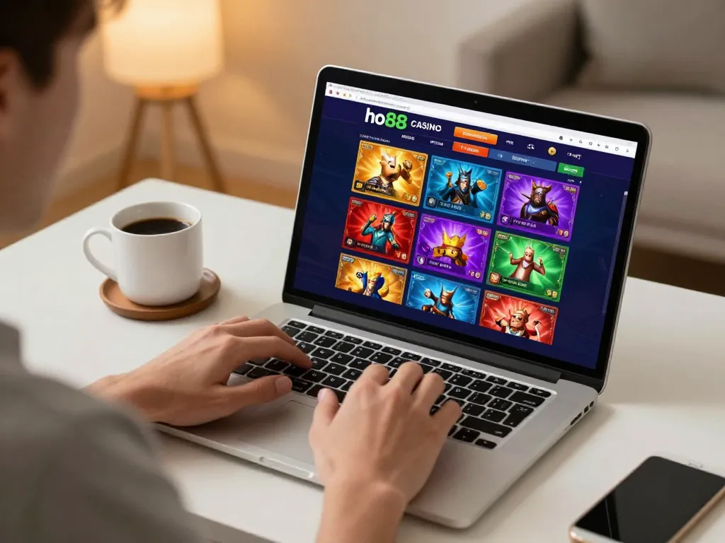 Person using ho88 online casino platform for live betting at home, enjoying a vibrant gaming experience
