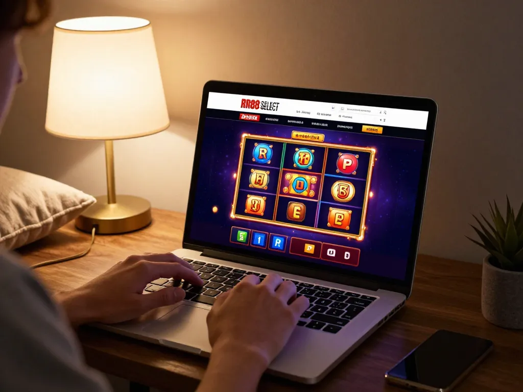 Engaging gameplay experience at RR88 SELECT online casino showcased with a vibrant slot screen and warm home setting.
