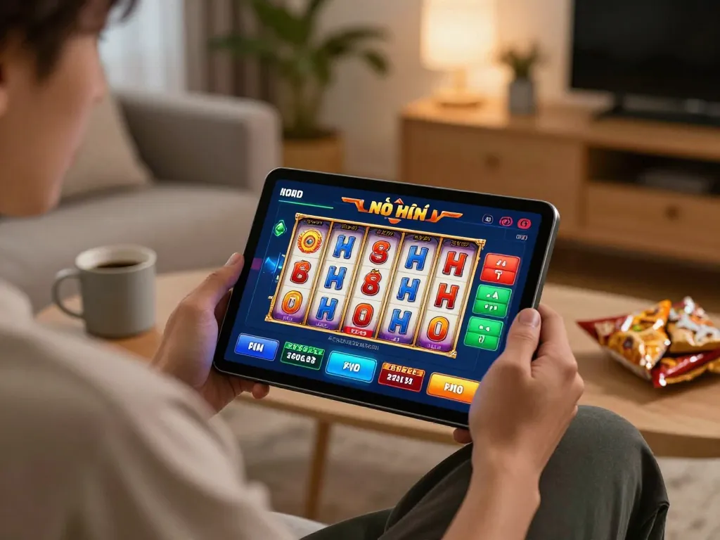 Player enjoying game nổ hũ on tablet in a cozy home setting, emphasizing dynamic online gaming experience