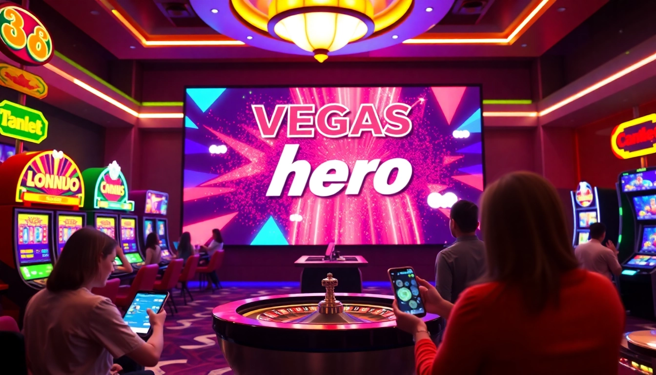 Vegas hero showcasing a vibrant online casino scene with players engaged in gaming excitement.