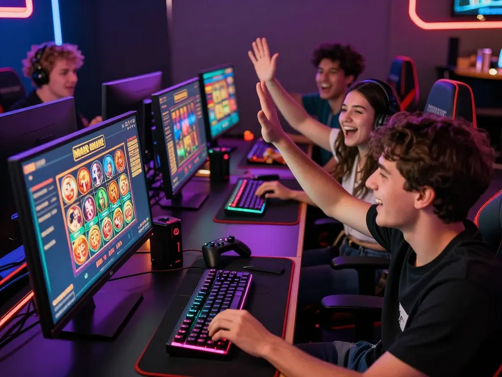 Friends enjoying a gaming session on MM88 online casino platform, with colorful gaming graphics and excitement in the air.