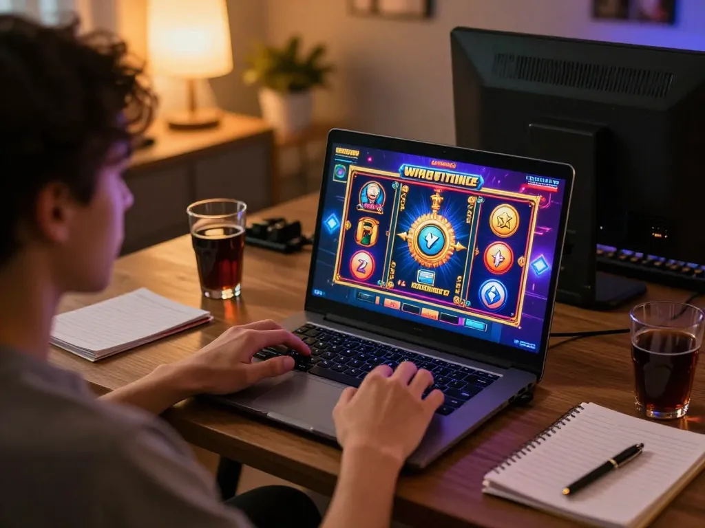 Player enjoying a slot game on a laptop while tracking strategy notes in a cozy home