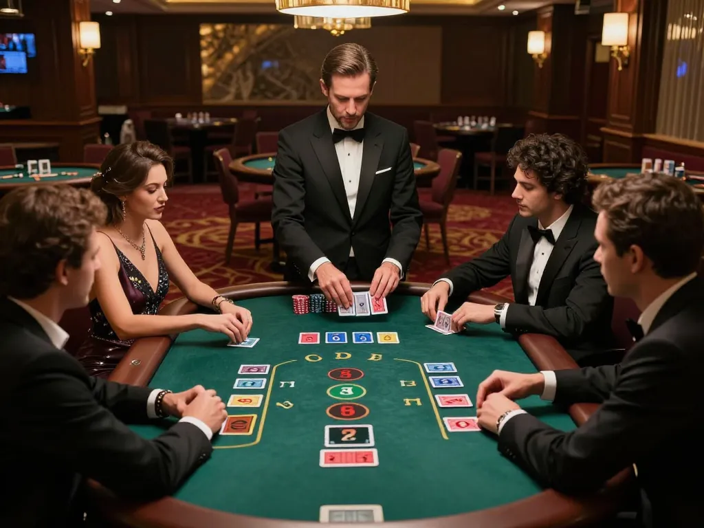 O8 players placing bets at a classy blackjack table in an upscale casino.
