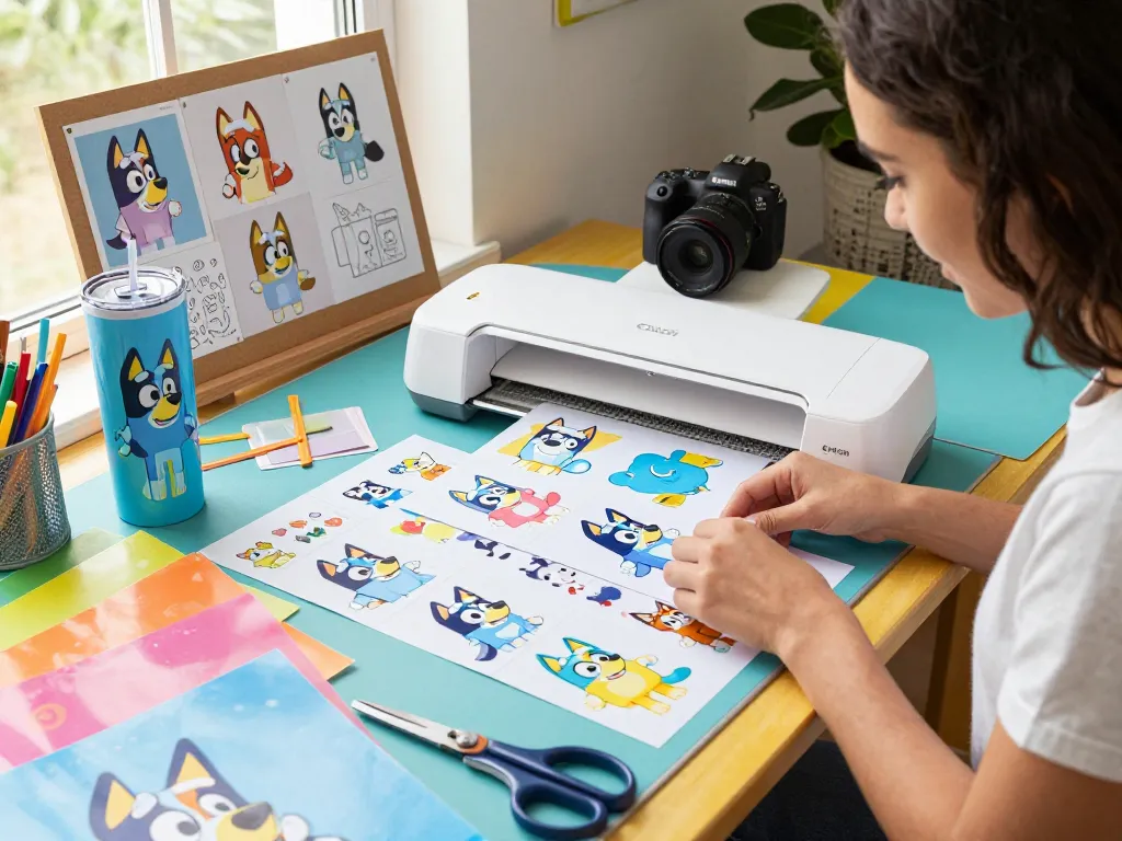 Engaging workspace showcasing a cricut svg bundle activity, featuring a designer surrounded by colorful tumbler designs and crafting tools.