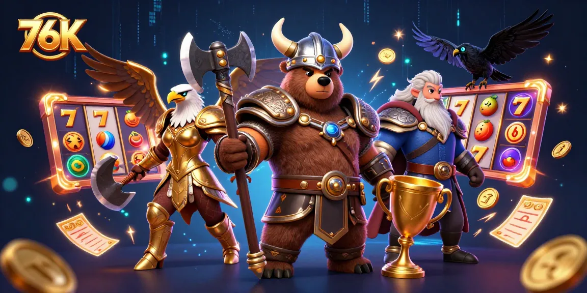 76K jackpot celebration scene with Viking and Valkyrie characters amidst slot symbols and vibrant casino elements.