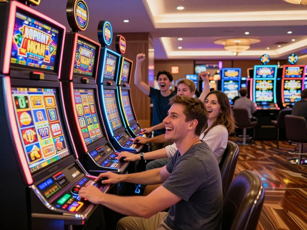 Players celebrating wins at vibrant slot machines in a modern casino while engaging with slot77.