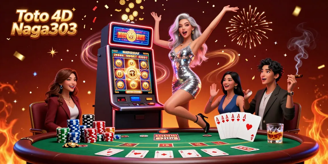 Toto 4D Naga303 showcases a glamorous casino celebration with a joyful woman by a jackpot slot machine.