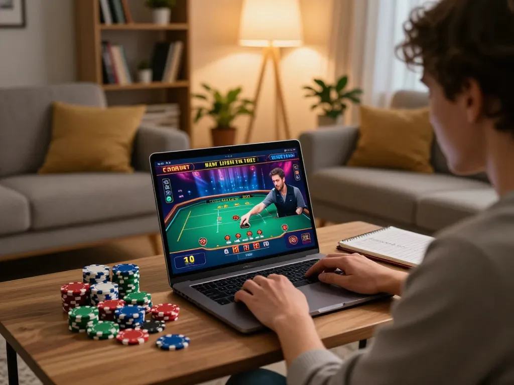 Engaging in online gambling at home with 789win on the screen, showcasing strategic betting.