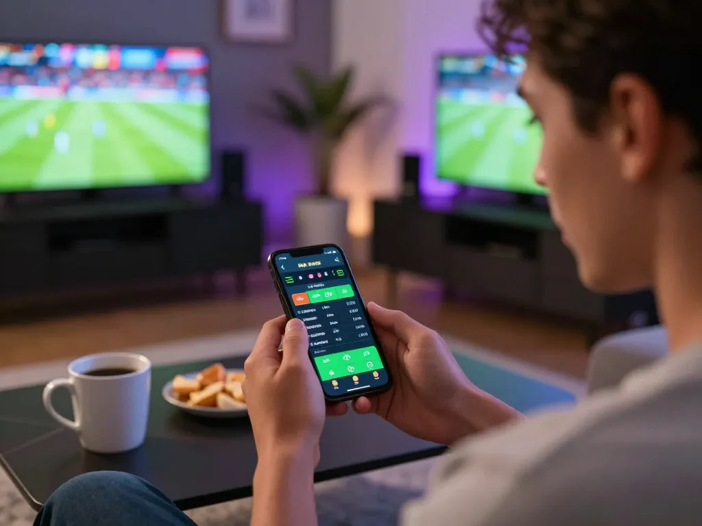 Betting with LC99 on a smartphone in a cozy living room setting, showcasing a vibrant sports event