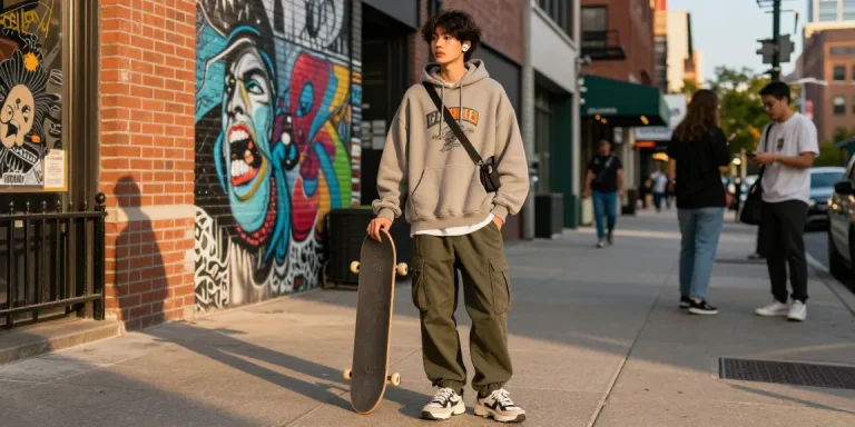 Stylish urban individual in streetwear showcasing 레플리카 fashion on vibrant city sidewalk