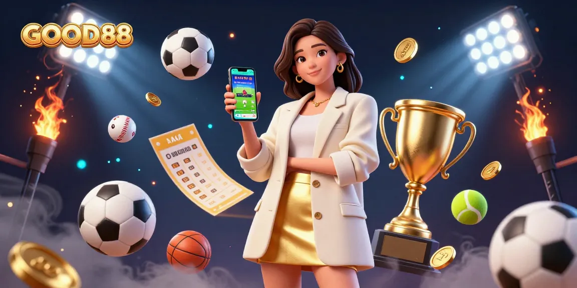 Experience the excitement of GOOD88 with engaging sports betting graphics and a vibrant atmosphere.