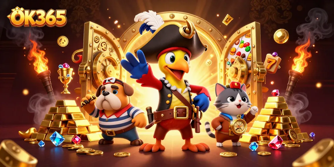 Engage in thrilling gameplay at OK365 with vibrant characters amidst a treasure-filled casino.