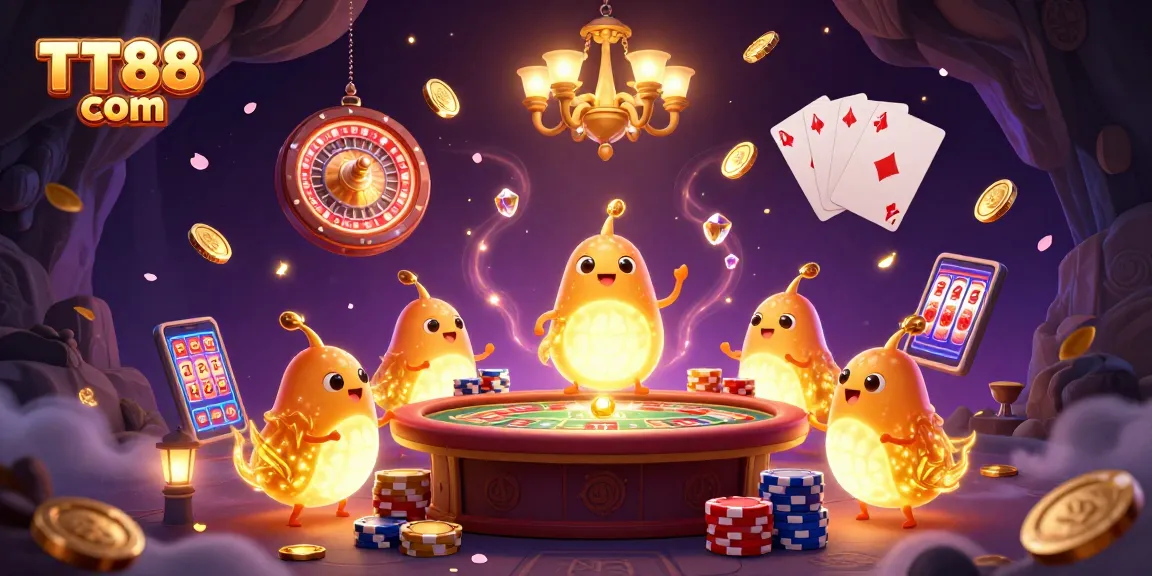 Experience the excitement of TT88 com with glowing characters and dynamic casino elements in this vibrant illustration.