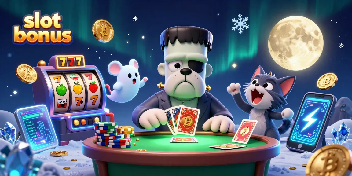 Memainkan slot bonus di kasino online dengan kucing werewolf dan bulldog Frankenstein, simbol jackpot dan mata uang kripto.
