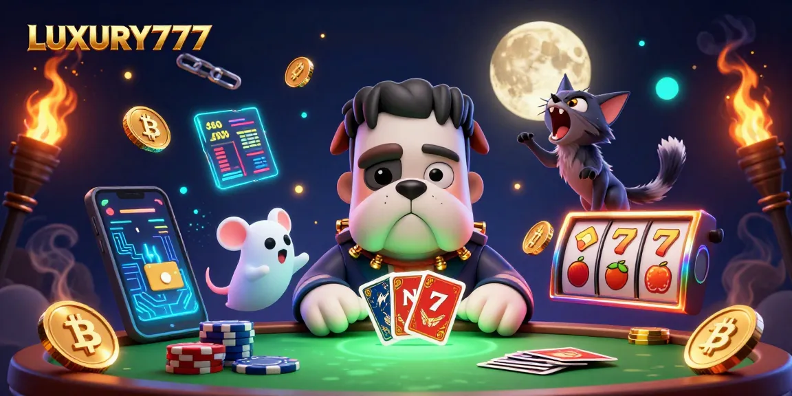 Mendapatkan kemenangan di LUXURY777 dengan bulldog Frankenstein yang menangani kartu di meja kasino.