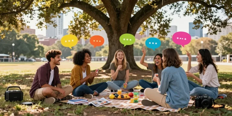 Friends enjoying a lively picnic while discussing their crush on someone in a vibrant urban park.
