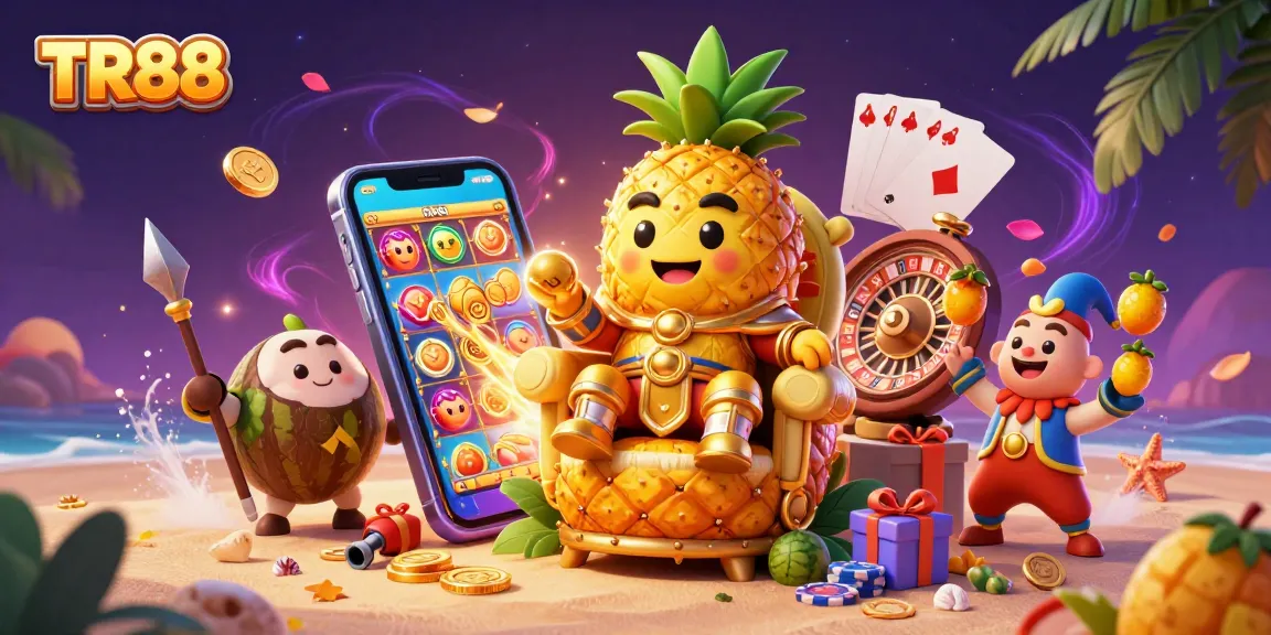 Experience thrilling games at TR88 with a vibrant 3D scene of a golden pineapple king in a beach casino.