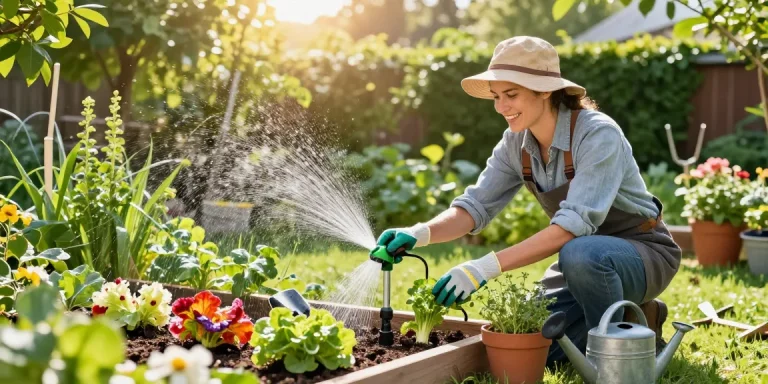 Gardener using rainpoint water timer in vibrant flower garden setup