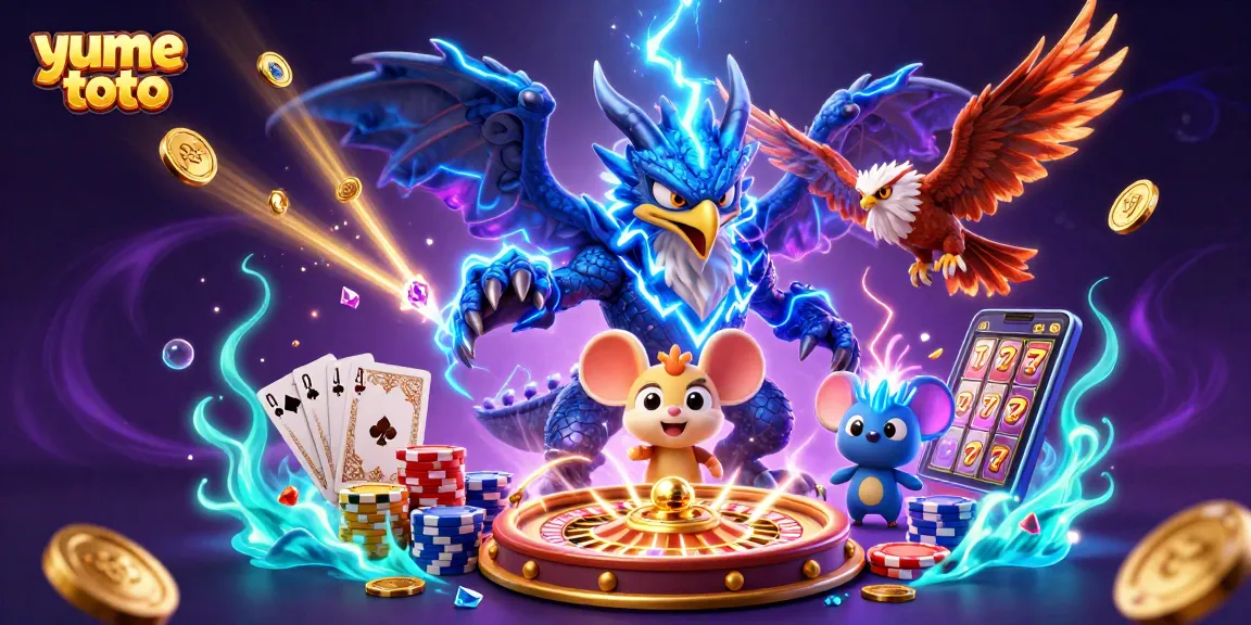 Engage with yume toto and witness a dynamic scene filled with vibrant casino elements and characters.