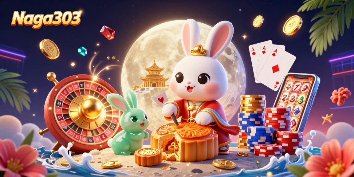 Naga303 showcases a vibrant 3D scene with moon rabbits and casino elements, capturing the thrill of online gaming.