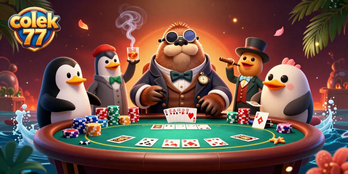 Experience the excitement at colek 77’s vibrant casino scene with characters at an underwater poker table.