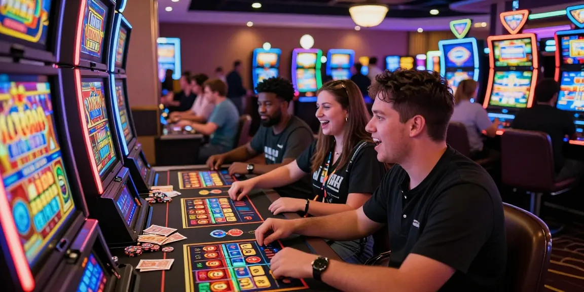 Players enjoying slot machines in a vibrant casino atmosphere.