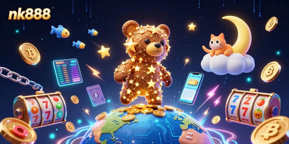 Engage in thrilling gameplay with nk888 as a cartoon bear collects coins amidst a vibrant casino scene.
