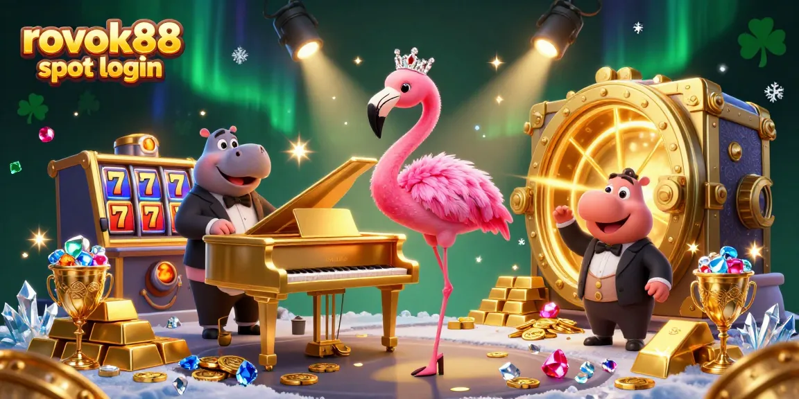 Engage in rokok88 slot login with vibrant 3D casino scene showcasing a flamingo singer and hippo bassist.