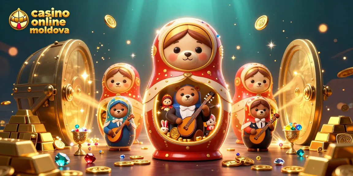 Joacă operatorul în kazino online Moldova, cu ursul Matryoshka și comori strălucitoare.