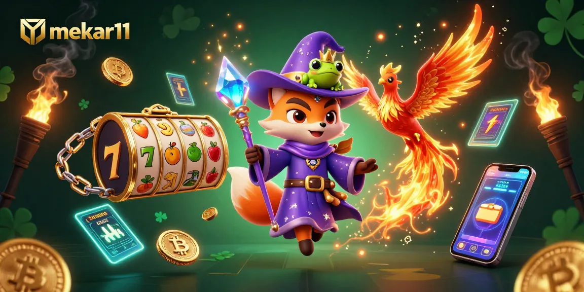 Play thrilling slots with mekar11 featuring wizard fox and phoenix in a vibrant casino scene.