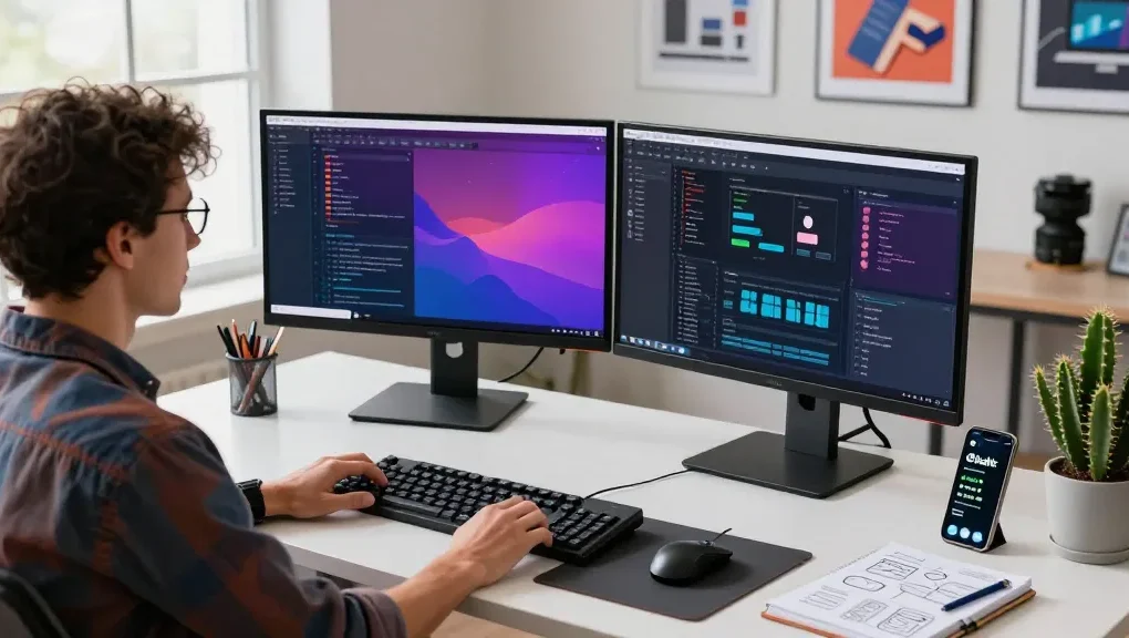 Developer using 截图软件 in a modern office setup with dual monitors and productivity tools.