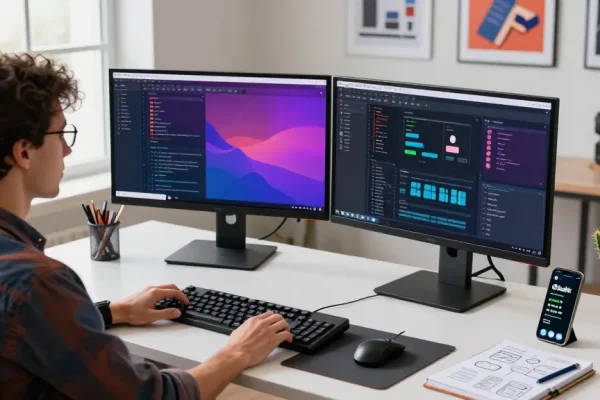 Developer using 截图软件 in a modern office setup with dual monitors and productivity tools.