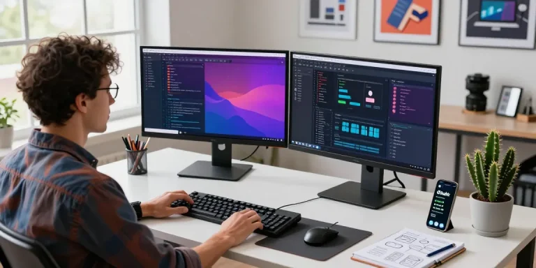 Developer using 截图软件 in a modern office setup with dual monitors and productivity tools.