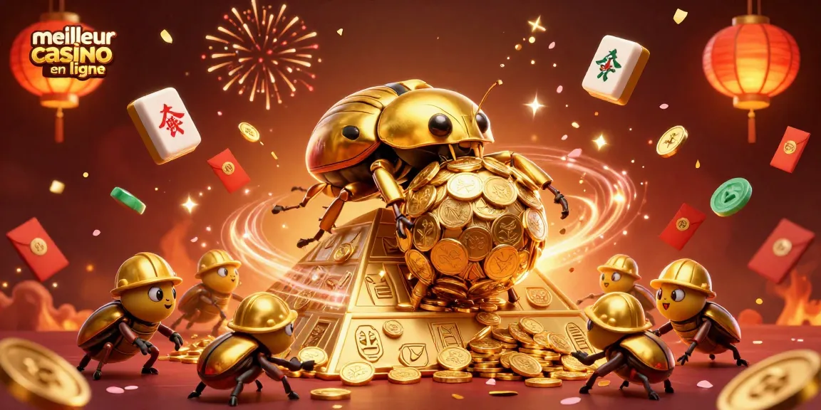 Aperçu d'un meilleur casino en ligne avec un scarabée doré roulant une boule de pièces en or, jeu dynamique.
