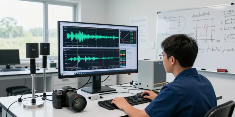 Technician analyzing geophone data with advanced geophysical instruments in a modern lab.
