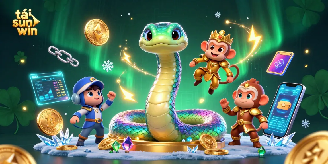Tải sun win and win big with vibrant 3D casino illustration of a colorful serpent and monkey king.