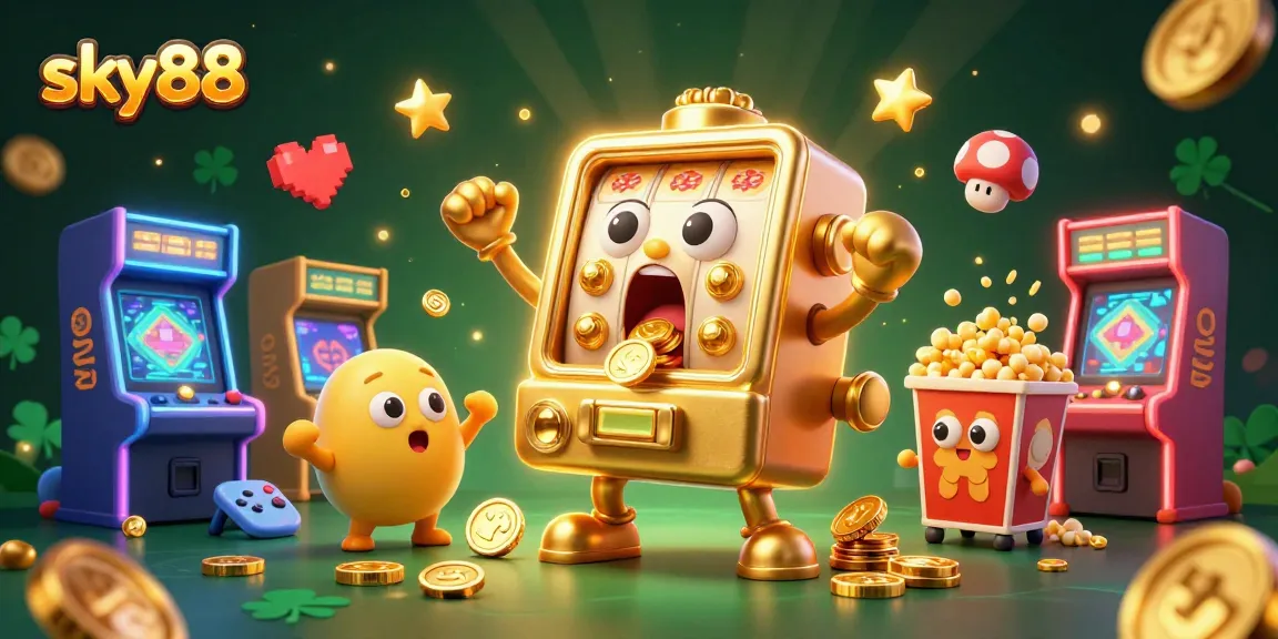 Sky88 slot machine celebrates a jackpot win with coins pouring out, surrounded by game elements