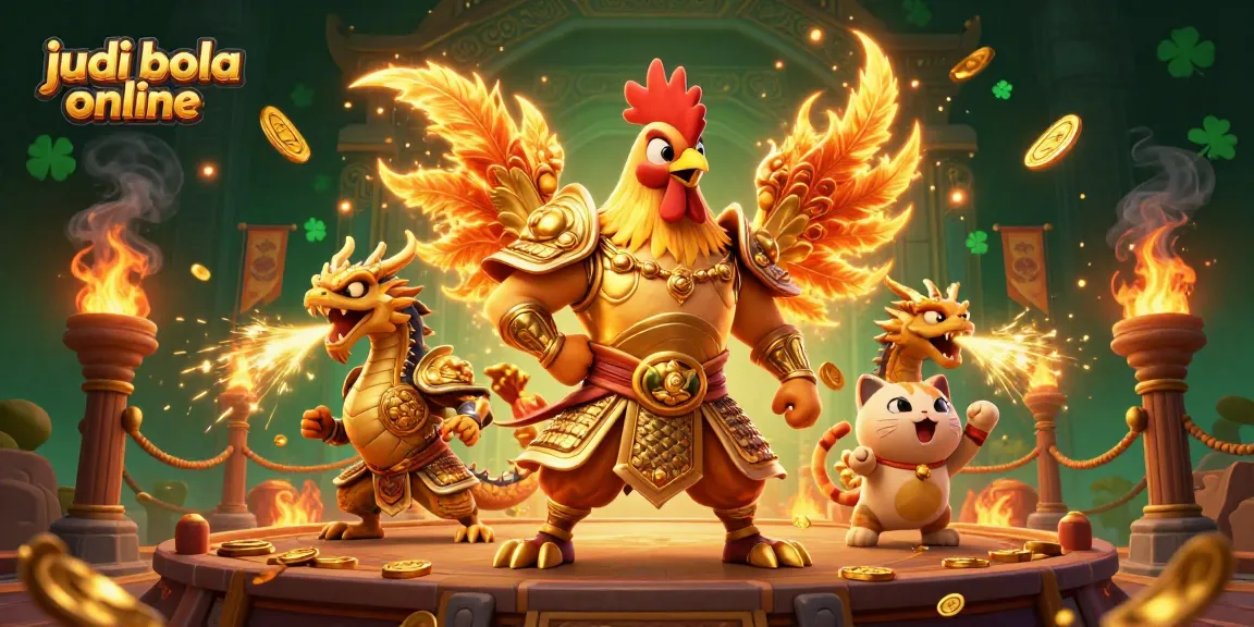Experience thrilling judi bola online action with a rooster warrior, dragon hatchling, and fortune cat mascot.
